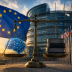im Vordergrund steht eine Waage, links ein KI-Gehirn, rechts Bücher, im Hintergrund ist das EU Parlament und die europäische Flagge zu sehen